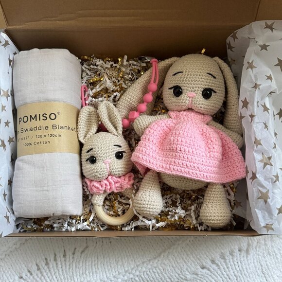 Handmade Baby Gift Set – Crochet Bunny, Rattle, Swaddle & Pacifier Clip - Picture 2 of 8